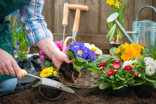 Lawn care and landscaping machinery preparing turf in an urban garden