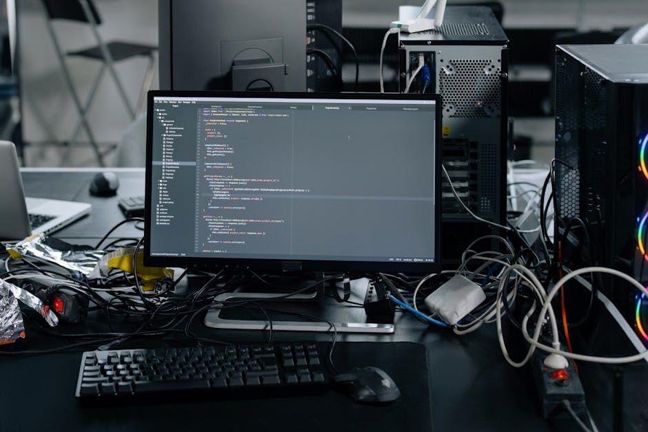 A cluttered desktop workspace featuring a computer monitor displaying lines of code, surrounded by tangled wires and various electronic devices including a keyboard, mouse, and desktop tower. The back